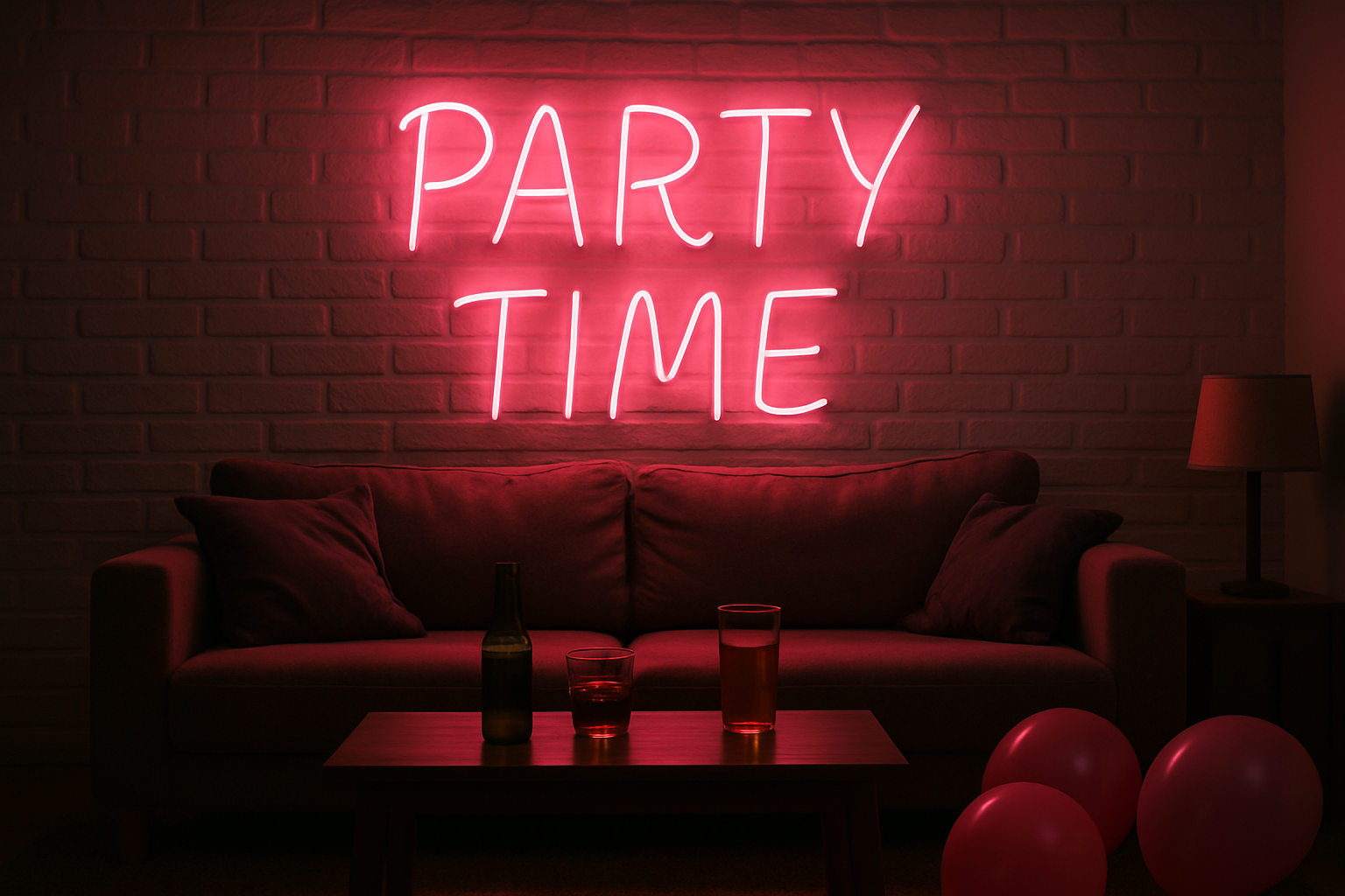 A neon sign that reads “PARTY TIME” in glowing hot pink cursive letters, mounted on a white brick wall inside a cozy living room. The neon glow softly lights up nearby furniture — a couch, a coffee table with drinks, and balloons on the floor — creating a realistic house party atmosphere.